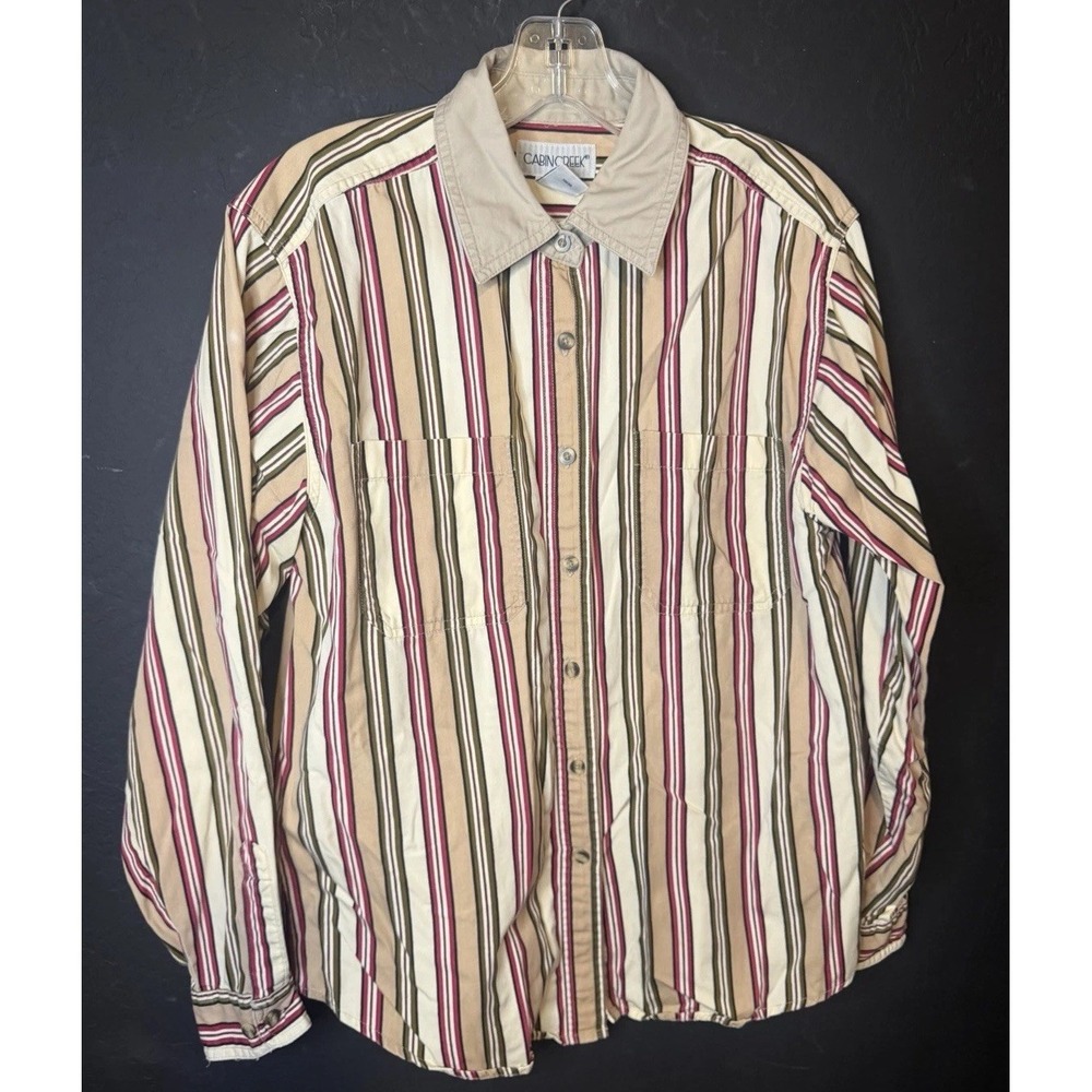 Cabin Creek Medium Striped Button Front Shirt Beige Pink Cotton Long Sleeve